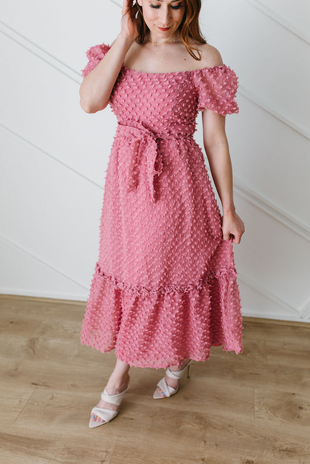 Puff Sleeve Pom Midi Dress