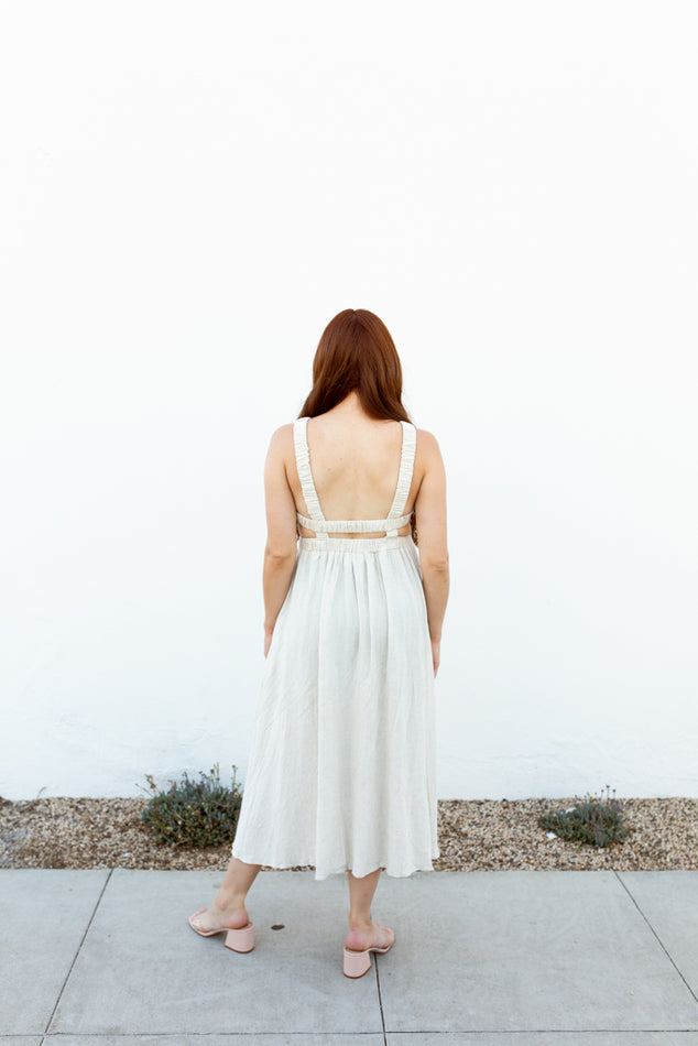 Linen Open Back Elastic Midi Dress