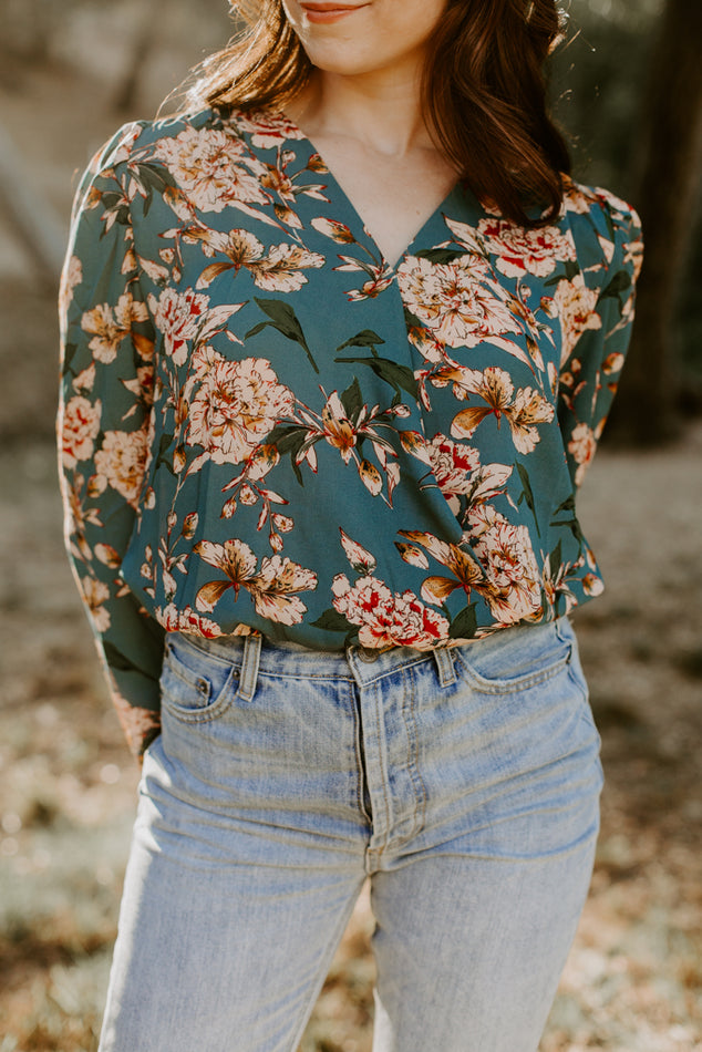 Floral Long Sleeve Deep V Bodysuit